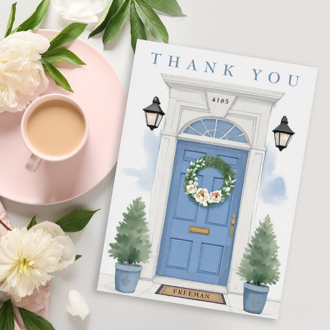 Cartão De Agradecimento Elegant Blue Front Door Housewarming  (Thank you card)