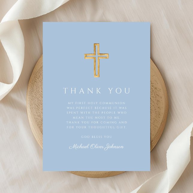 Cartão De Agradecimento Elegant Blue Religious Cross First Communion (Elegant Blue Religious Cross First Communion Thank You Card)
