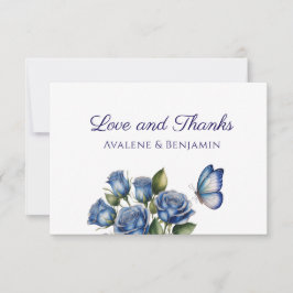 Cartão De Agradecimento Elegant Blue Roses Butterfly Silver Wedding