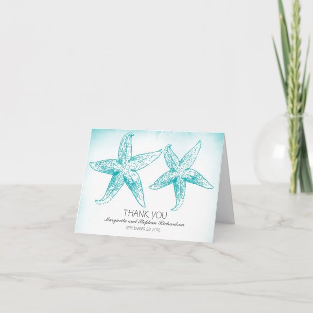 Cartão De Agradecimento Elegant blue starfish couple wedding thank you (Frente)
