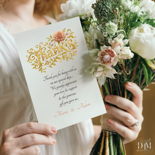 Cartão De Agradecimento Elegant Blush Dahlias Golden Script Wedding Photo  (Criador carregado)