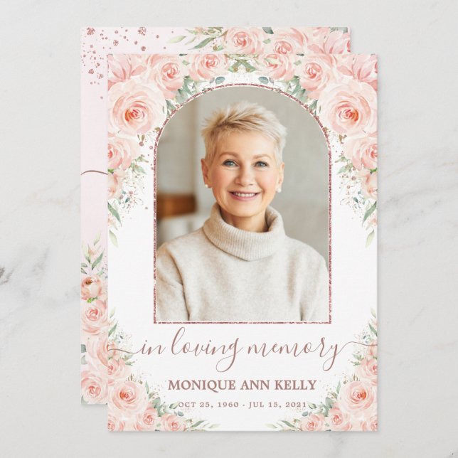 Cartão De Agradecimento Elegant Blush Pink Floral Photo Funeral Memorial (Frente/Verso)