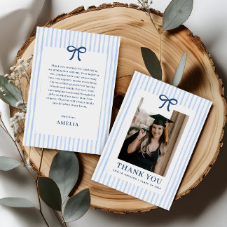 Cartão De Agradecimento Elegant Bow Blue Striped Photo Graduation