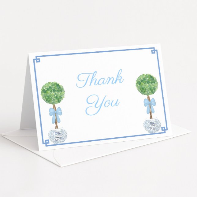 Cartão De Agradecimento Elegant Boxwood Topiary Blue Baby Boy Shower (Boxwood topiary with baby blue bow in chinoiserie planter thank you card)