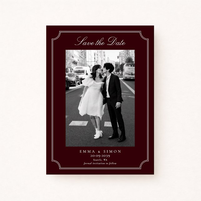 Cartão De Agradecimento Elegant Burgundy Double Frame Photo Save the Date (Criador carregado)
