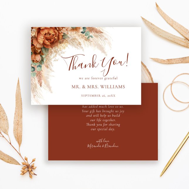 Cartão De Agradecimento Elegant Calligraphy Romantic Floral Boho Wedding (Criador carregado)