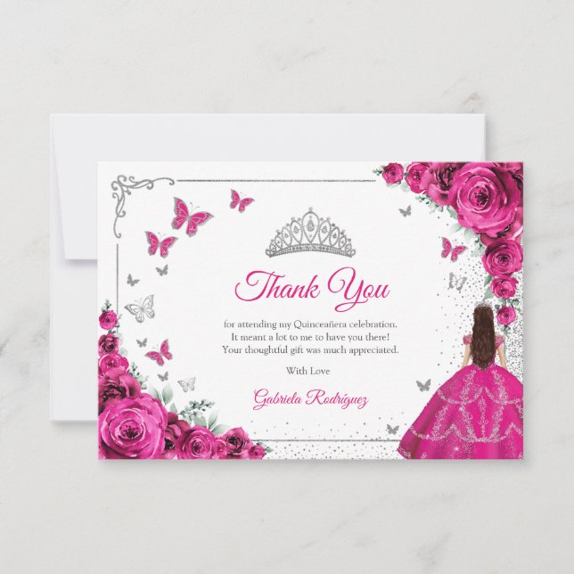 Cartão De Agradecimento Elegant Chic Fuchsia Pink Roses Silver Quinceanera (Frente)