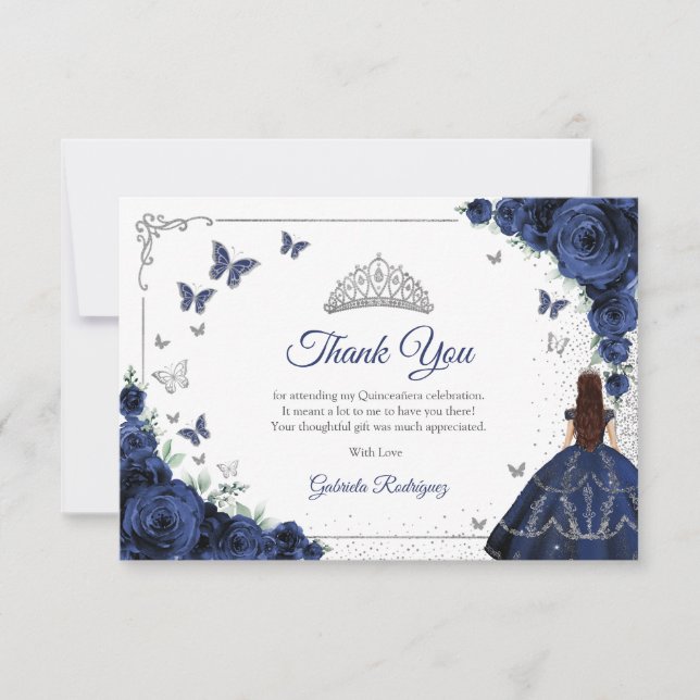 Cartão De Agradecimento Elegant Chic Navy Blue Roses Silver Quinceanera (Frente)