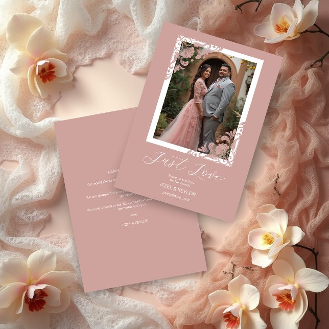 Cartão De Agradecimento Elegant Chic Pink Ornate Corner Photo Wedding (Elegant Chic Pink Ornate Corner Photo Wedding Thank You Cards.)