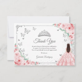 Cartão De Agradecimento Elegant Chic Pink Roses Silver Quinceanera