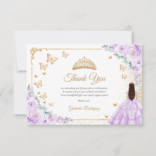 Cartão De Agradecimento Elegant Chic Purple Lilac Roses Gold Quinceanera (Frente)