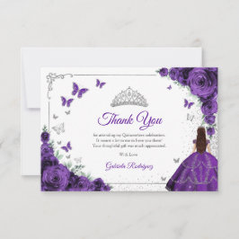 Cartão De Agradecimento Elegant Chic Purple Roses Silver Quinceanera