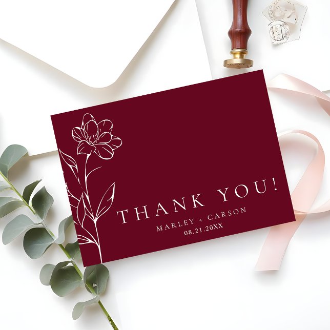 Cartão De Agradecimento Elegant Chic Sketched Floral Burgundy Wedding (Criador carregado)