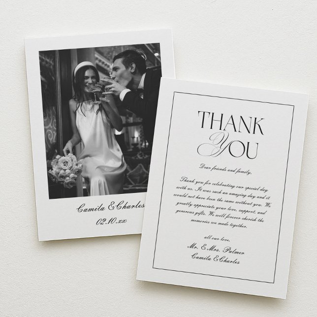Cartão De Agradecimento Elegant Classic Black and White Wedding Photo (Criador carregado)