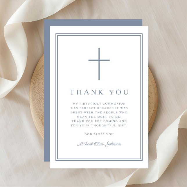 Cartão De Agradecimento Elegant Dusty Blue Cross Boy First Holy Communion (Elegant Dusty Blue Cross Boy First Holy Communion Thank You Card)