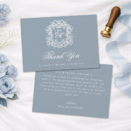 Cartão De Agradecimento Elegant Dusty Blue Monogram Crest Vintage Wedding 