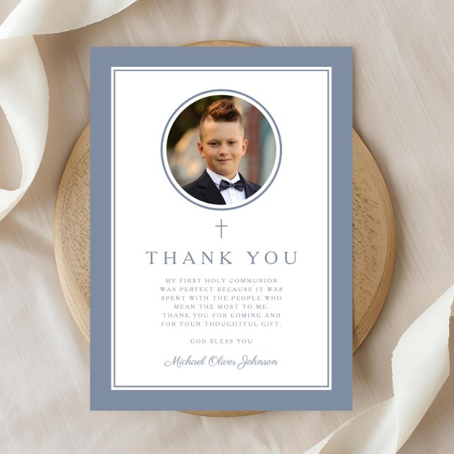 Cartão De Agradecimento Elegant Dusty Blue Photo Boy First Communion (Elegant Dusty Blue Photo Boy First Communion Thank You Card
)