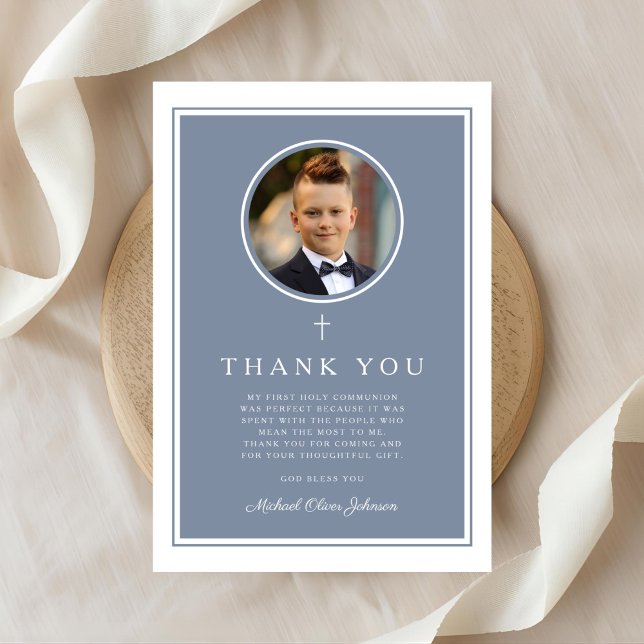 Cartão De Agradecimento Elegant Dusty Blue Photo Boy First Communion (Elegant Dusty Blue Photo Boy First Communion Thank You Card)