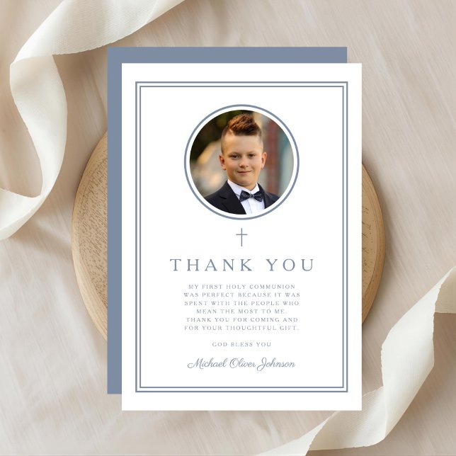 Cartão De Agradecimento Elegant Dusty Blue Photo Boy First Holy Communion (Elegant Dusty Blue Photo Boy First Holy Communion Thank You Card)