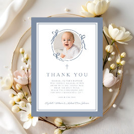 Cartão De Agradecimento Elegant Dusty Blue Religious Baptism Photo