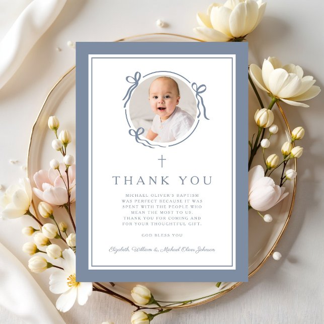 Cartão De Agradecimento Elegant Dusty Blue Religious Baptism Photo (Elegant Dusty Blue Religious Baptism Photo Thank You Card)