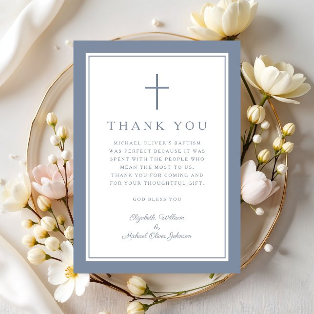 Cartão De Agradecimento Elegant Dysty Blue Religious Cross Baptism (Elegant Dysty Blue Religious Cross Baptism Thank You Card)
