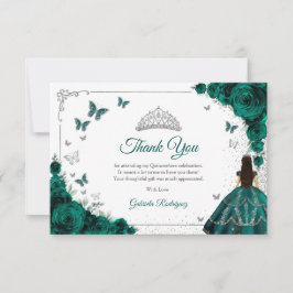 Cartão De Agradecimento Elegant Emerald Green Roses Silver Quinceanera