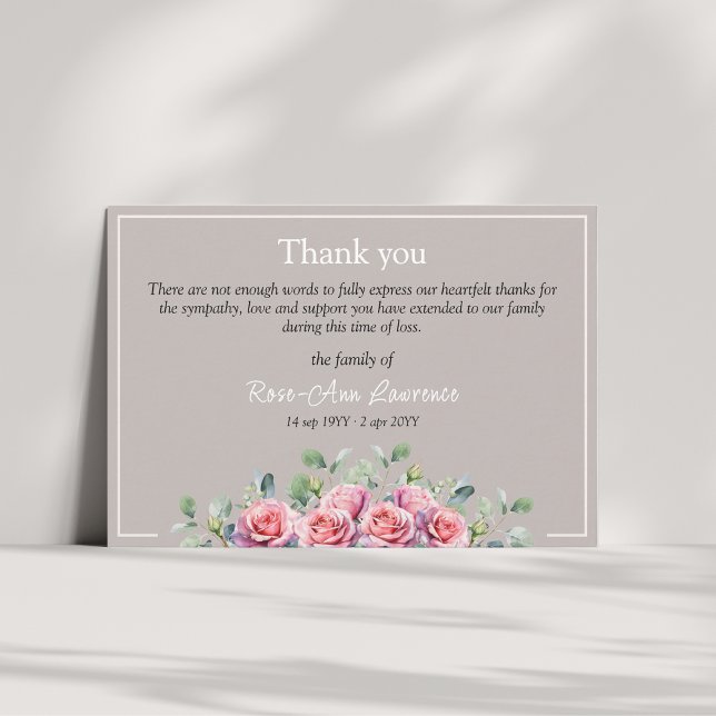 Cartão De Agradecimento Elegant Eucalyptus Pink Roses Sympathy Funeral (Pink roses eucalyptus thank you card, family sympathy. Taupe and cream color)