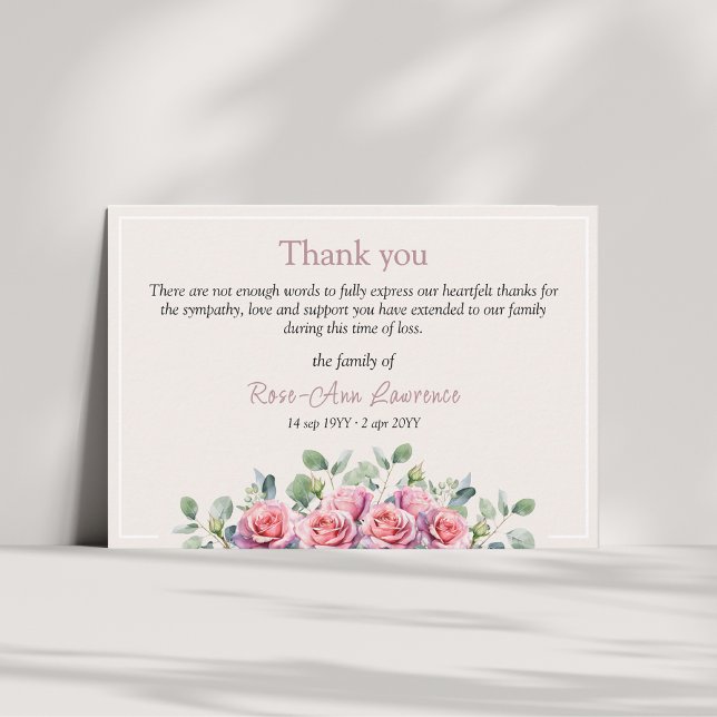 Cartão De Agradecimento Elegant Eucalyptus Pink Roses Sympathy Funeral (Elegant cream ivory thank you card. Pink roses and sage green eucalyptus leaves. memorial service)
