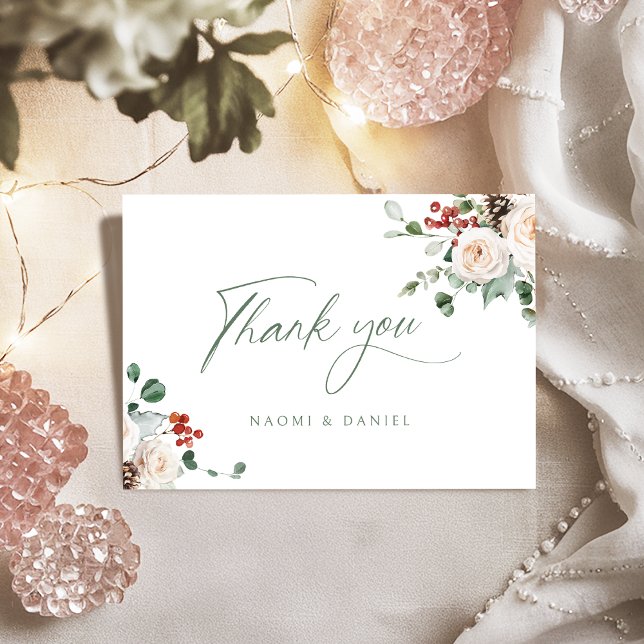 Cartão De Agradecimento Elegant Festive Floral Holiday Winter Wedding  (Elegant Festive Floral Holiday Winter Wedding Thank You Card)
