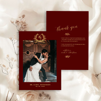 Cartão De Agradecimento Elegant Floral Crest Burgundy Gold