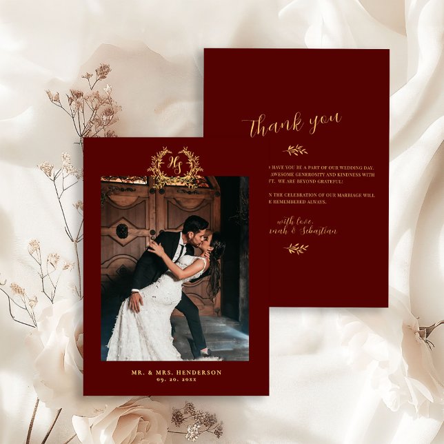 Cartão De Agradecimento Elegant Floral Crest Burgundy Gold (Criador carregado)