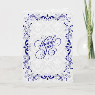 Cartão De Agradecimento Elegant Floral Royal Blue Lace With White Damasks