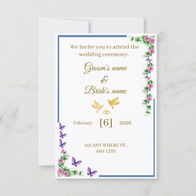 Cartão De Agradecimento Elegant Floral Wedding Invitation with Butterflies (Frente)