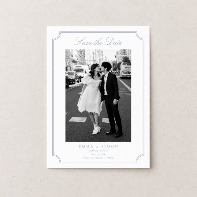 Cartão De Agradecimento Elegant Frame Blue Photo Save the Date (Criador carregado)