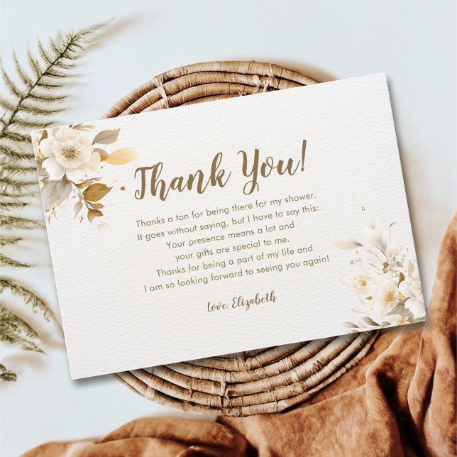 Cartão De Agradecimento Elegant Gold and Beige Flower Bridal Shower (Criador carregado)