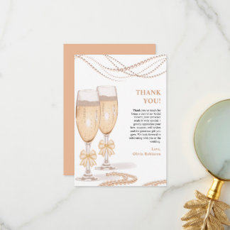 Cartão De Agradecimento Elegant Gold Bow Pearls and Prosecco Bridal Shower