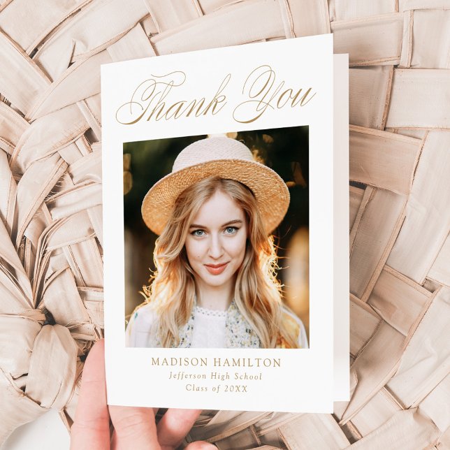 Cartão De Agradecimento Elegant Gold Calligraphy Photo Graduation (Criador carregado)