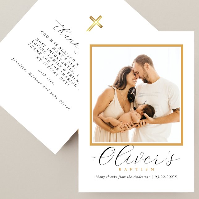 Cartão De Agradecimento Elegant Gold Cross Baby´s Baptism Photo Script (Criador carregado)
