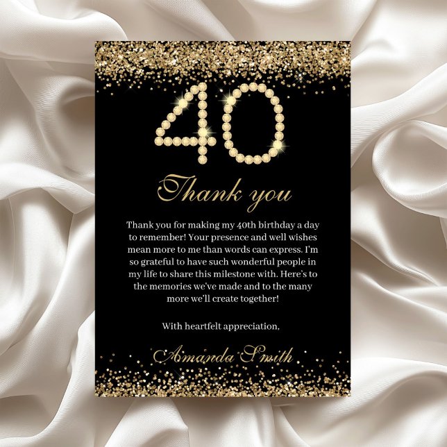 Cartão De Agradecimento Elegant Gold Diamonds 40th Birthday Thank you Card (Gold Diamonds 40th Birthday Party Thank you card)