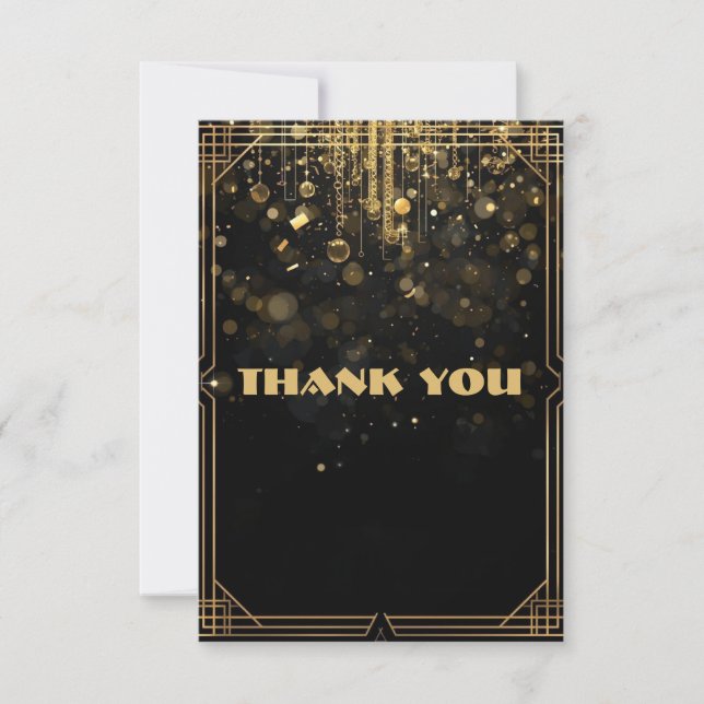 Cartão De Agradecimento Elegant Gold Glitter Thank You Card | Black & Gold (Frente)