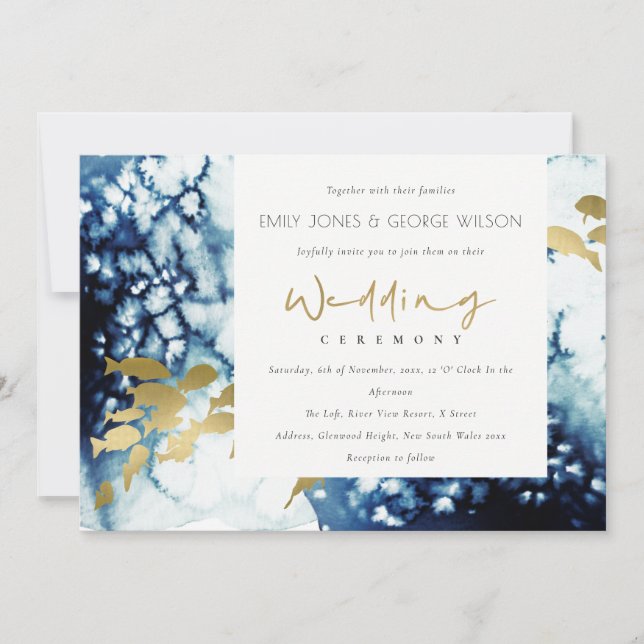 CARTÃO DE AGRADECIMENTO ELEGANT GOLD NAVY UNDERWATER FISH WEDDING INVITE (Frente)