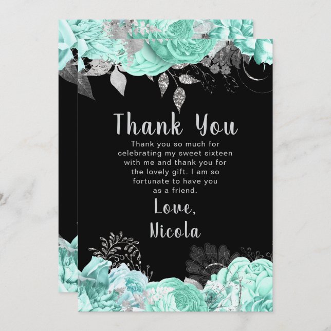 Cartão De Agradecimento Elegant Green and Silver Flowers Sweet Sixteen (Frente/Verso)