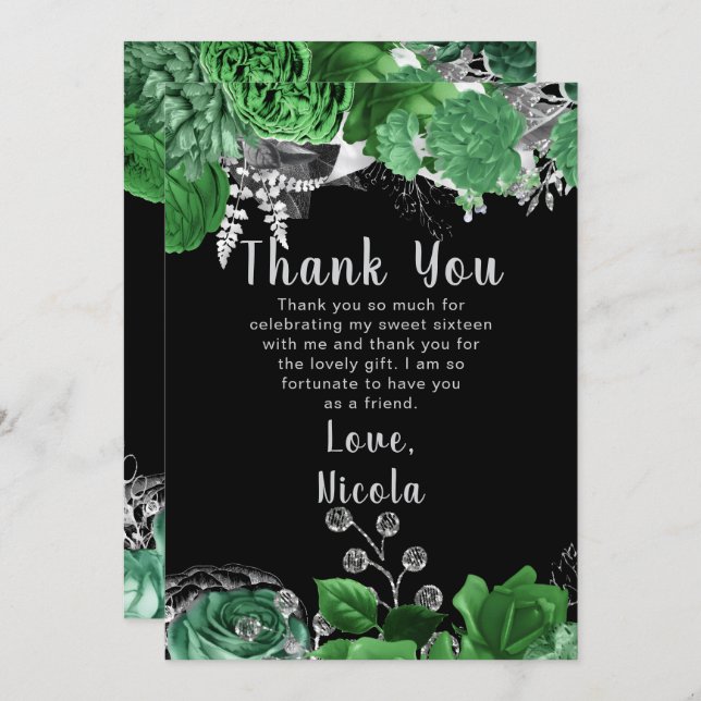 Cartão De Agradecimento Elegant Green and Silver Flowers Sweet Sixteen  (Frente/Verso)
