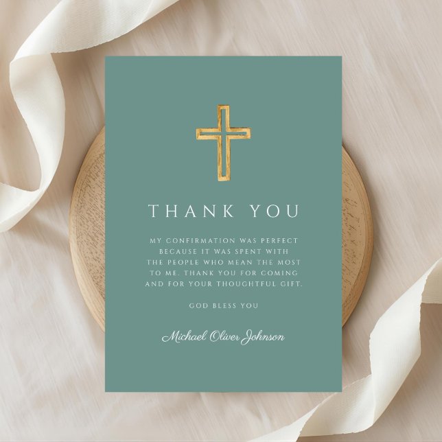 Cartão De Agradecimento Elegant Green Religious Cross Bpy Confirmation (Elegant Green Religious Cross Bpy Confirmation Thank You Card)