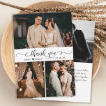Cartão De Agradecimento Elegant Handwritten Script Wedding Photo Collage<br><div class="desc">Modern, Elegant, Swirly Hand Lettered Wedding Photo Collage Thank You Card. Stylish wedding thank you card template featuring three (3) photo on the front and one (1) photo on the back side. With the text "thank you" in a swirly cursive hand lettered typography script font in black on white background....</div>