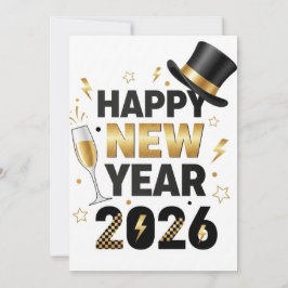 Cartão De Agradecimento Elegant Happy New Year 2026 Black & Gold Greeting