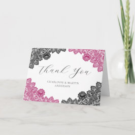 Cartão De Agradecimento Elegant Hot Pink and Black Floral Lace Wedding