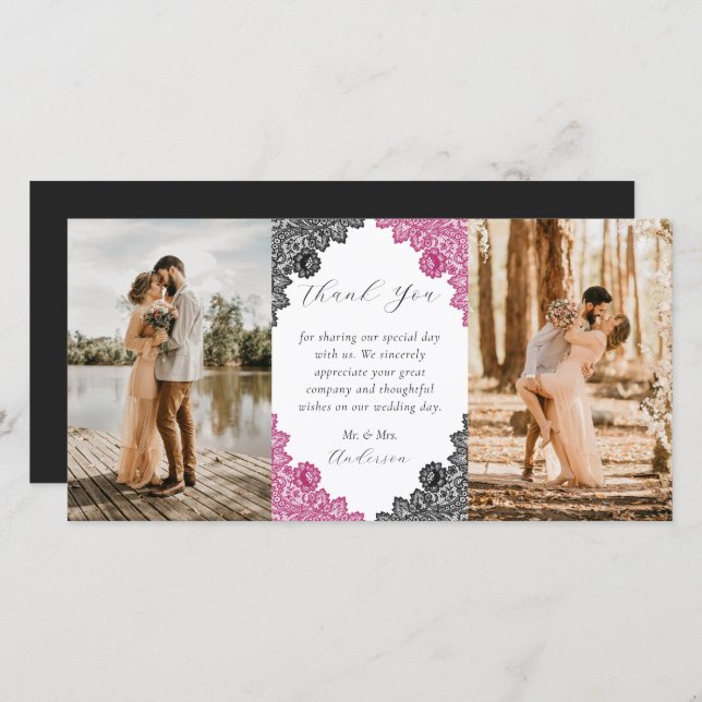 Cartão De Agradecimento Elegant Hot Pink and Black Floral Wedding Photo (Frente/Verso)