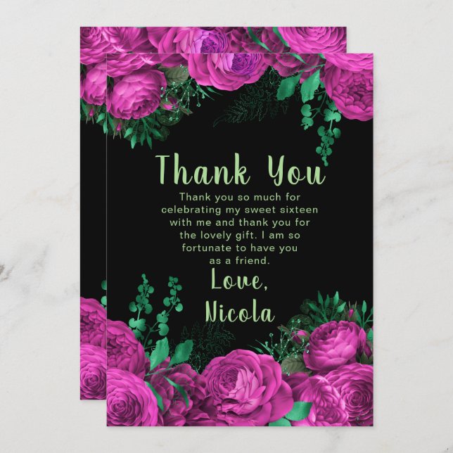 Cartão De Agradecimento Elegant Hot Pink Flowers Sweet Sixteen (Frente/Verso)
